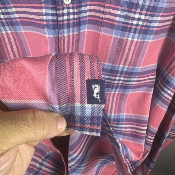 Vineyard Vines Men's L Pink Blue Plaid Classic Fit Button Down Cotton Linen Blen - Picture 5 of 7